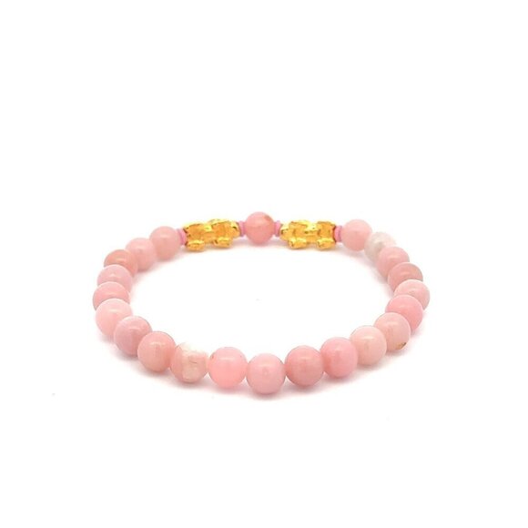 18K Gold Dragon Pixiu Double Piyao Lucky Charm Bracelet Gemstones Pink Opal 6mm - Picture 4 of 7